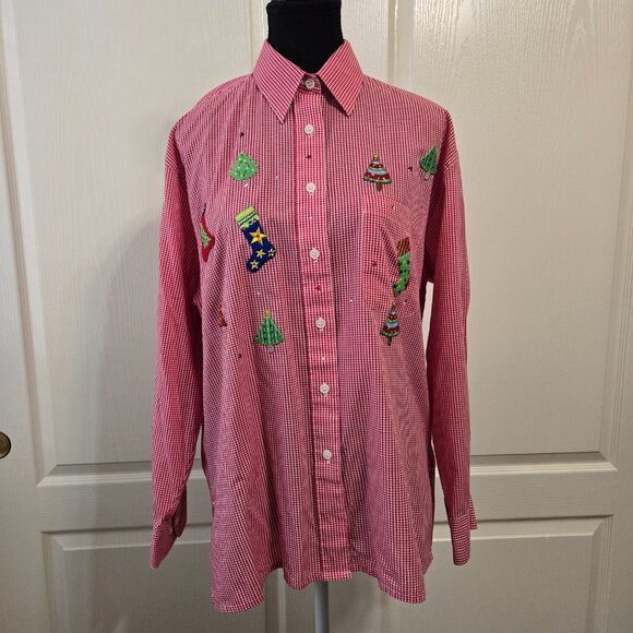 MiLi Designs Women's Red/White Button Up Blouse/Top Embellished Christmas Size M - Picture 1 of 10